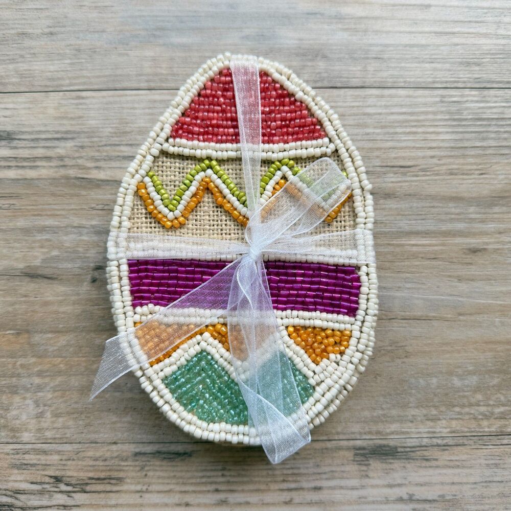 Pier 1 Easter Egg Beaded Coaster Set Anthropologie Style Boho Spring Decor NWT